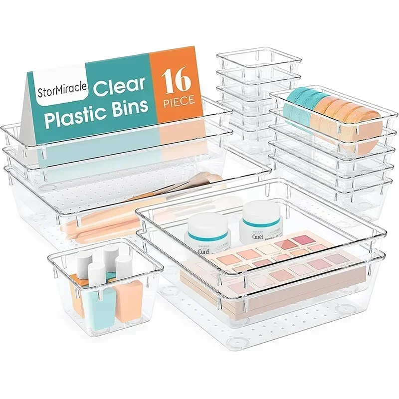 24/16/8/4 Stück Schubladen-Organizer-einstellen, durchsichtiger Kunststoff, Schreibtisch-Trennblätter, Behälter, Schlafzimmer, Kommode, Büro, Aufbewahrungsbox für machen-hoch-Spielereien: Orange