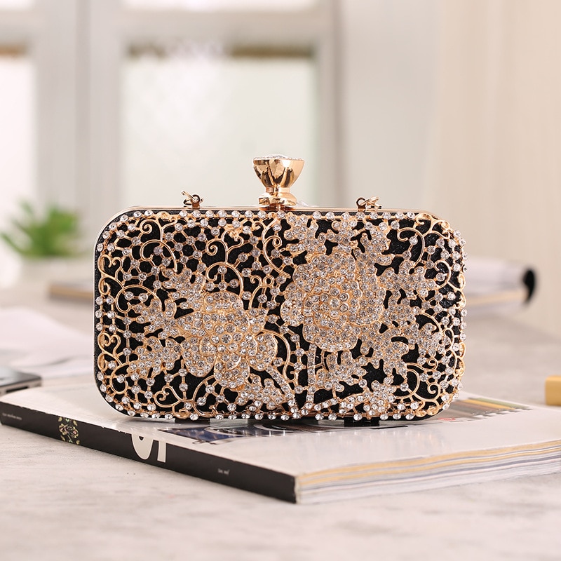 Bolso de mano de Metal con diamantes de imitación para mujer, cartera de noche de oro y cristal, bolsos para de boda, bolso de mano de día: Negro