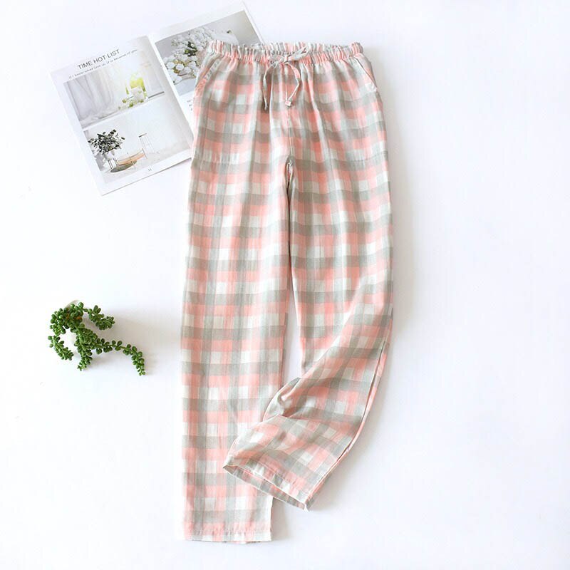 Comfort Gauze Cotton Lovers Plaid Sleep Bottom Thin Loose Men And Women Full Length Pants Spring And Autumn Soft Homewar Bottom: Women Pink / M