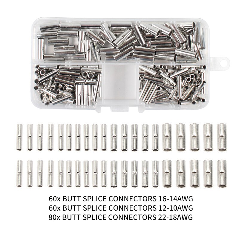 Multifunctional Crimping Tool Set 200pcs Butt Wire Connectors AWG22-10 Copper Tinned Splice Terminals Sleeve Bare Hand Plier Kit
