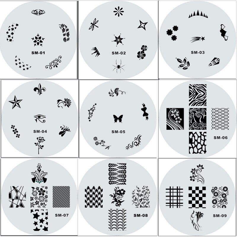 16 unids/lote transparente de plástico uñas redondo placas flor patrón lindo estampado Plantilla de manicura de uñas de arte Plantilla de imagen herramientas