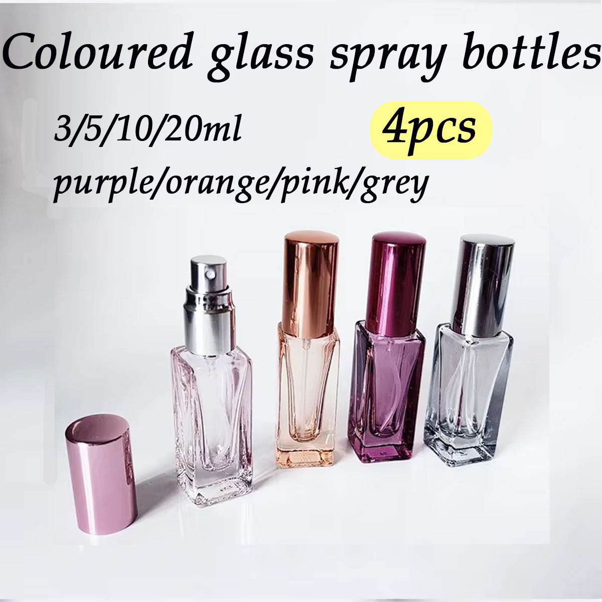 4 Uds 3/5/10/20ml Mini botella de Perfume de vidrio colorida atomizador cuadrado maquillaje portátil botella de Perfume de repuesto de viaje
