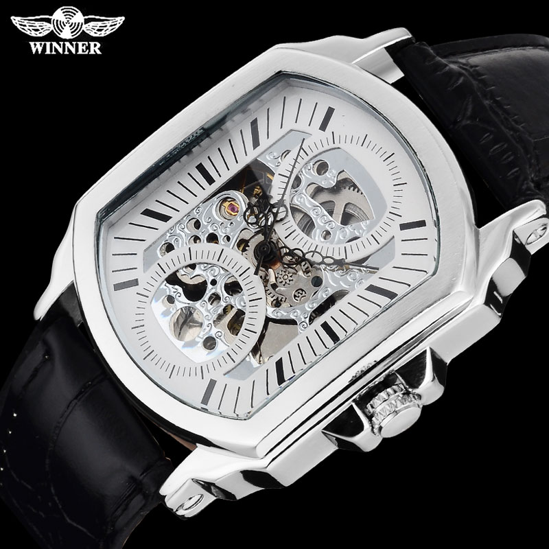 WINNAAR famous brand mannen luxe automatische wind horloge skelet wijzerplaat rechthoek transparant glas silver case lederen band