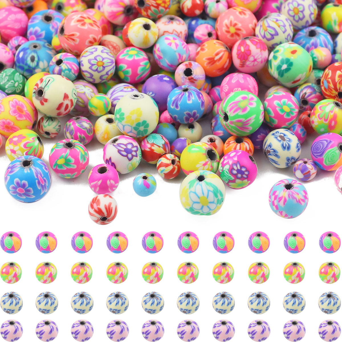 50 Uds. De cuentas redondas sueltas con patrón de flores de arcilla suave colorida de 6/8/10/12mm para fabricación de joyería, pulseras, collares, suministros para manualidades