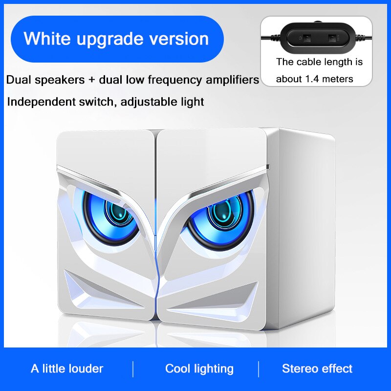 Computer Speakers USB Powered 1.4m Wired 1 Pair Bass Diaphragm Speakers for Laptop Desktop Phone 3W*2 Powerful Loudspeaker: White