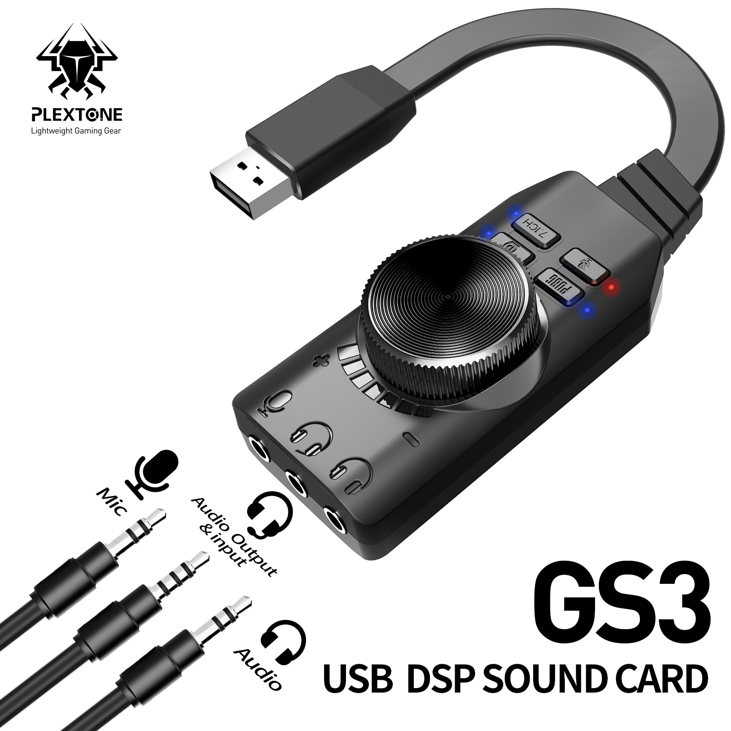 PLEXTONE GS3 Sound Card Virtual 7.1 Channel Adapter External USB Amplify Sound 3.5mm Headset Converter PC Desktop Laptop