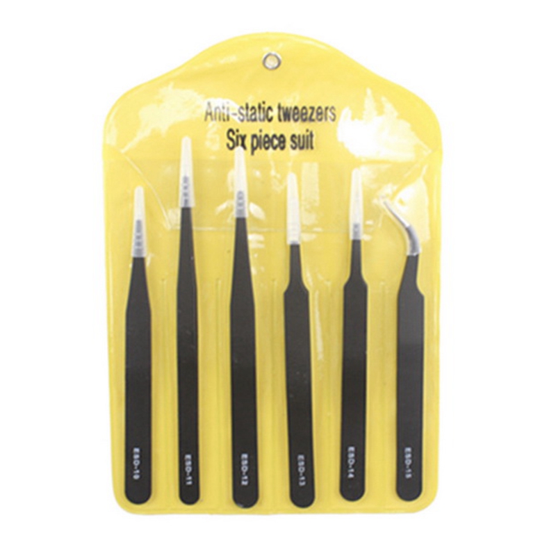 6/10Pcs ESD Tweezers Tool Set High Precision Antistatic Tip Curved Straight Nipper Repair Tool Kit Steeel Multifunction Tweezer: 6Pcs Set black