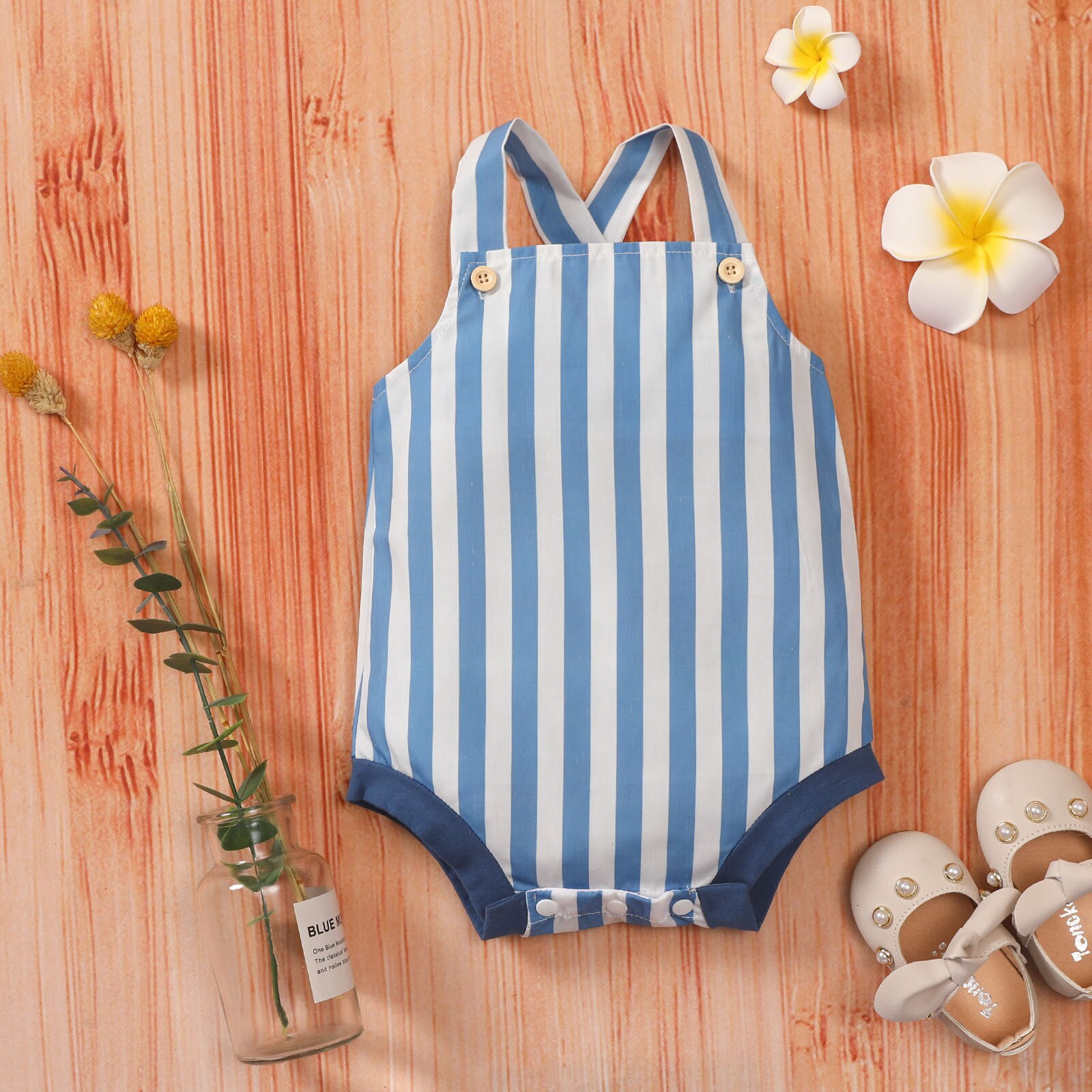 Zomer Schattige Baby Rompertjes Pasgeboren Mouwloze Peuter Kids Jongens Meisjes Gestreepte Gedrukt Jumpsuits Casual Outfits Kostuum 3-18 Maanden