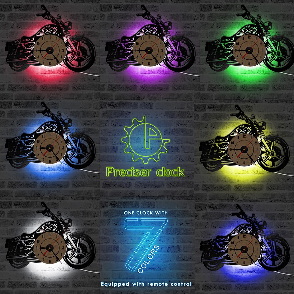 3d klassisk vinyl plate klokke motorsykkel fans hul motorsykkel form veggkunst motorsykkel rytter led klokke: B med 7 farger
