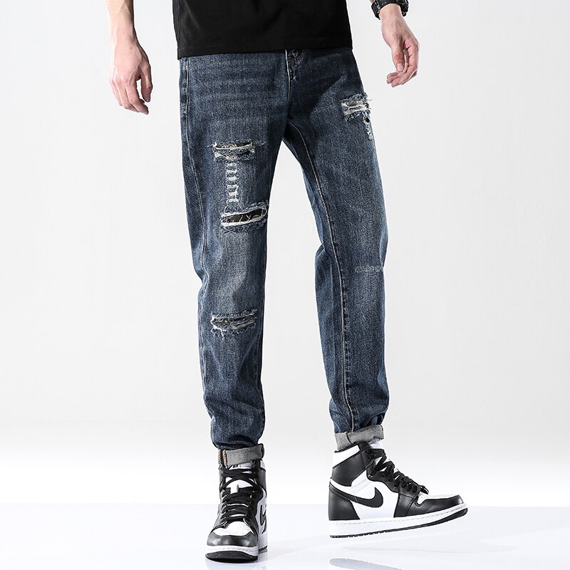 Ripped Jeans For Men Loose Fit 100% Cotton Distressed High Street Moto & Biker Jeans Man Hip Hop Denim Men's Trousers Patchwork