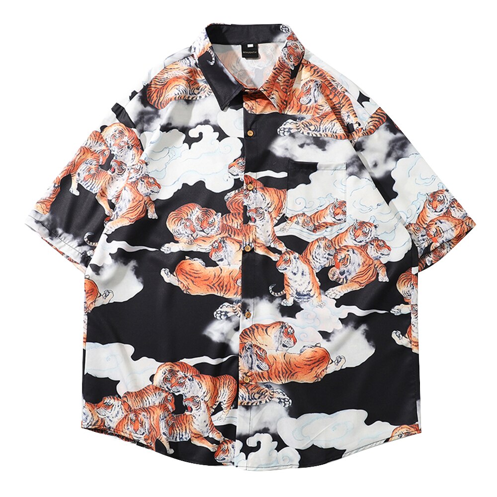 Zomer heren overhemd etnisch bedrukt tijgerprint kraag katoenen korte mouwen los bloemen henley overhemd bloemen overhemd: 2 / Xl