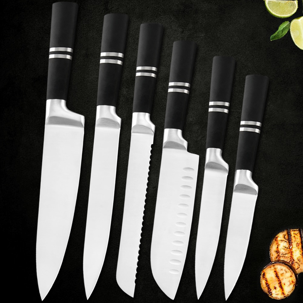 6PCS Japanese Style Chef Knives Set Stainless Steel 8'' Bread Slicing 7'' Santoku 5'' Utility 3.5'' Paring Knife Accessory: Default Title