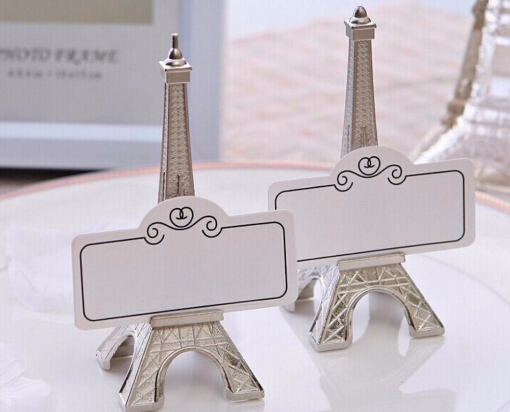 20 stks "Avond in Parijs" Eiffeltoren Zilveren Afwerking Plaats Kaarthouder Bruiloft Tafel Decoratie Gratis