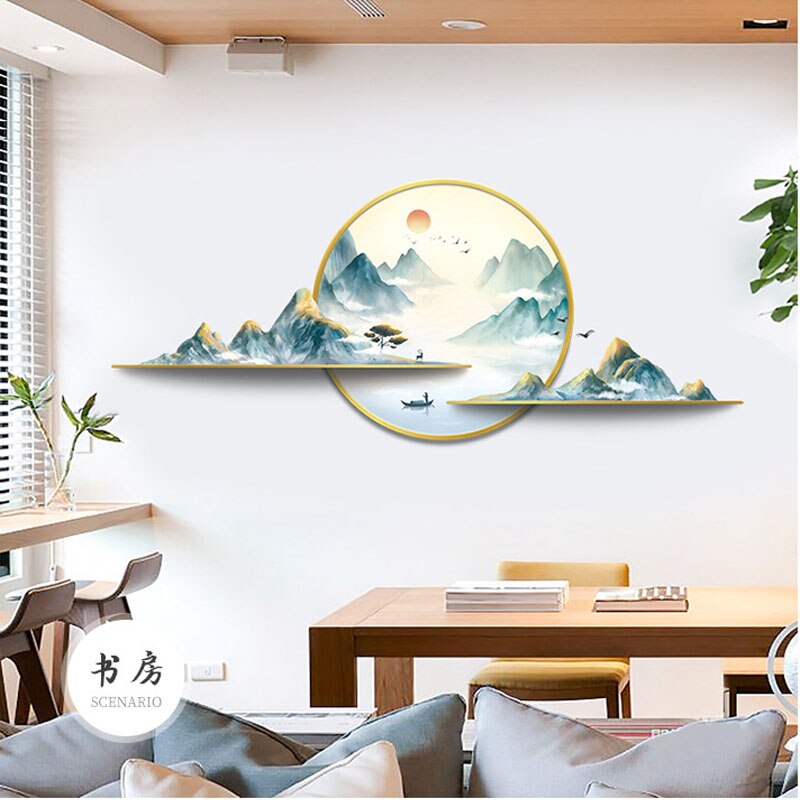 Chinese style Wall art Stickers Decorative Painting Wallpaper Living Room Background Mountain Landscape Scenery Decals