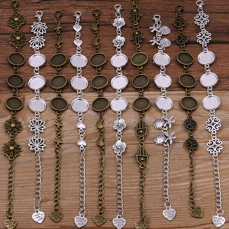 1 Uds., 2 colores, 15 estilos, aleación de Zinc de Metal, pulsera redonda de 12mm, ajuste de cabujón, conector de flor y Luna, accesorios de joyería hechos a mano