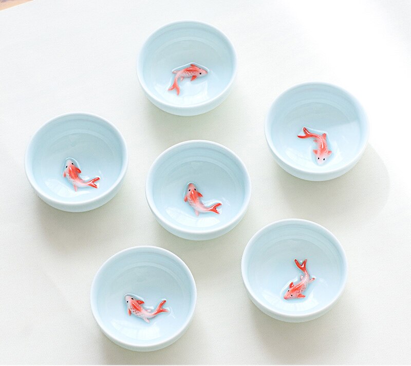 6pcs Celadon Golden Fish China tea set,Kung Fu Tea Cup Set Crackle Glaze Travel Tea Bowl Chinese Porcelain Teacup Set
