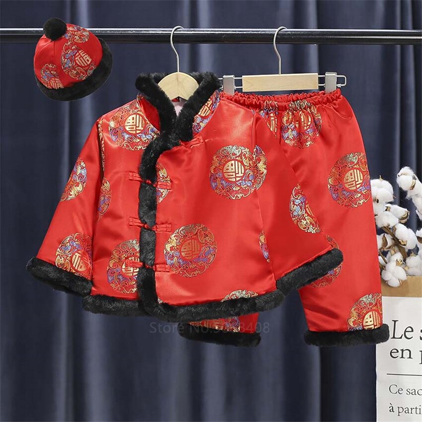 Chinese Jaar Kostuums Voor Kinderen Jongens Meisjes Lente Festival Kleding Winter Baby Sets Jas Broek Traditionele Oude Tang