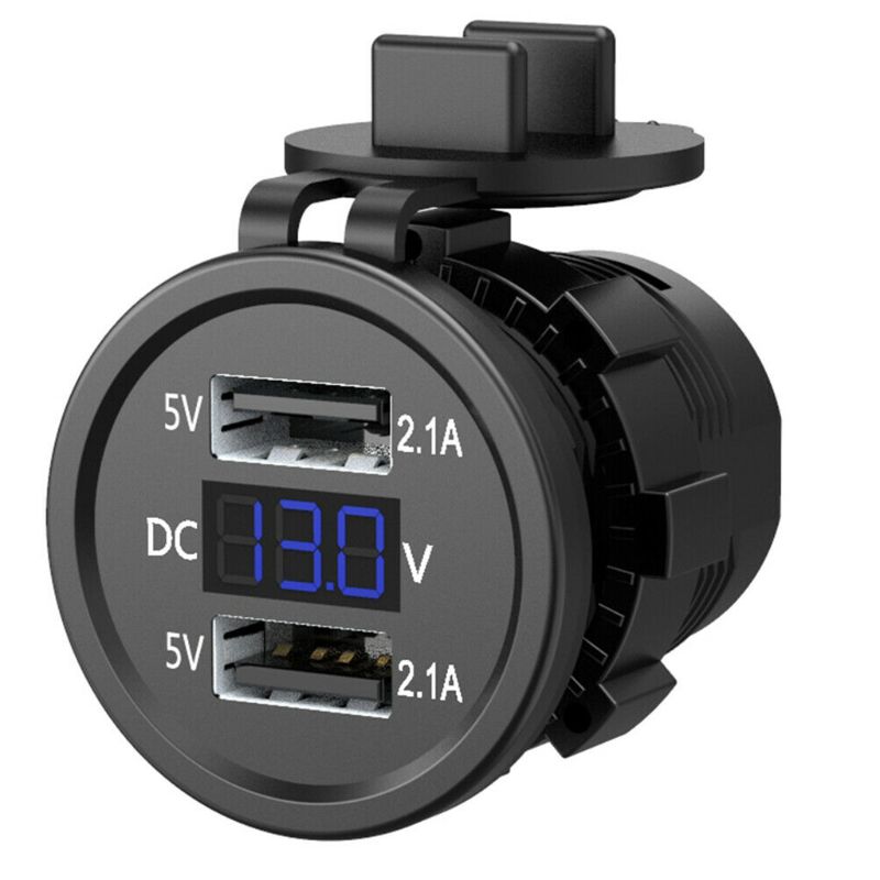 5v wasserdichte usb-ladebuchsen mit zwei anschlüssen und spannungsanzeige/voltmeter für 12-24v autos 2.1a boote und motorräder: Blau