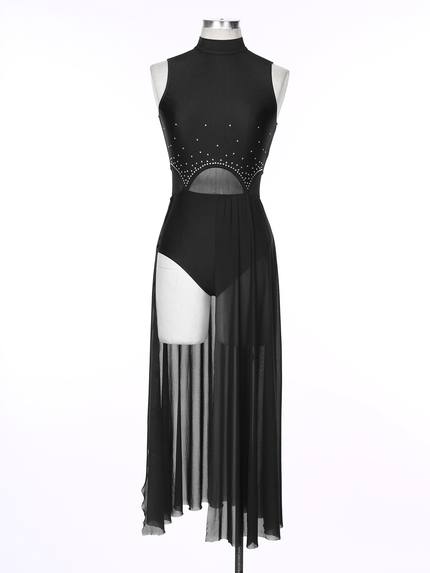 Robe de spectacle de danse lyrique moderne pour femmes, sans manches, fendue avec strass, robes Maxi transparentes, justaucorps de gymnastique de Ballet, vêtements de danse
