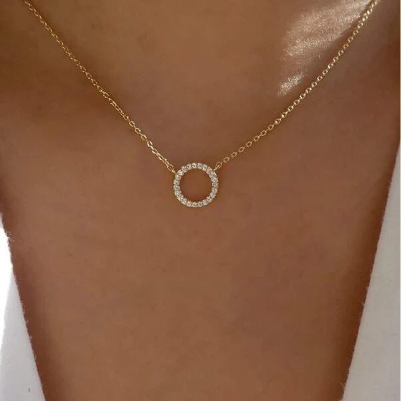 Moda tendência elegante jóias simples círculo de cristal pingente colar cor dourada unquie feminino colar festa presente atacado: Cor dourada amarelo claro
