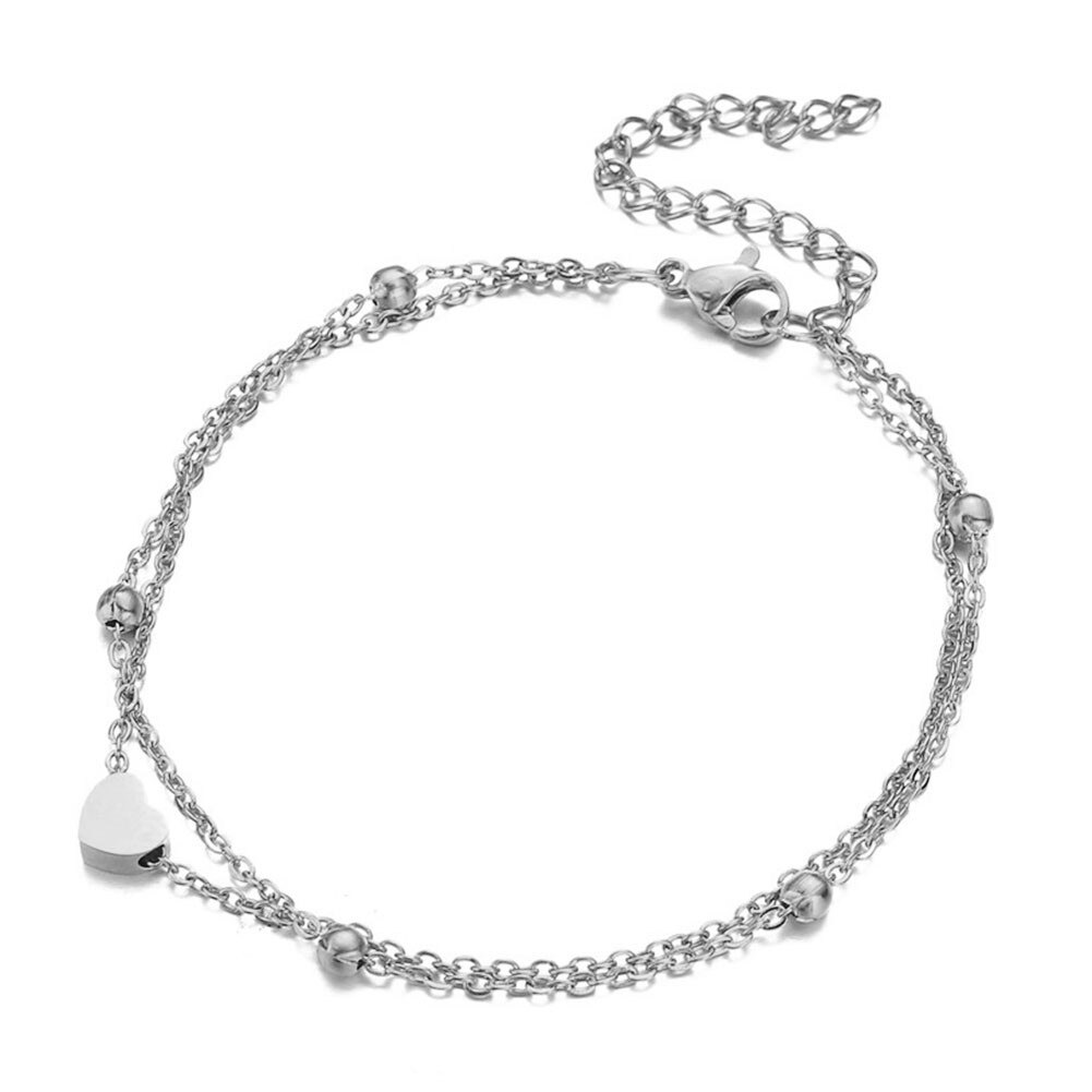 Stainless Steel Thin Bead Chain Heart Anklet For Women Double Layer Foot Anklet Sandals Bohemian Beach Leg Jewelry