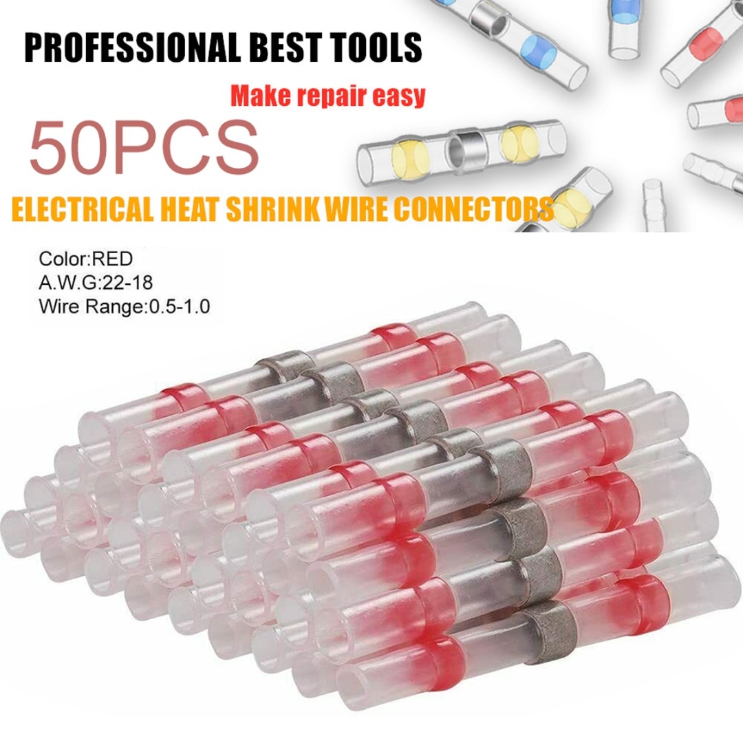 Terminales de conectores de cable a tope termorretráctiles con manga de sello de soldadura resistente al agua roja de 50 Uds 22-18 AWG de diámetro 2,7mm
