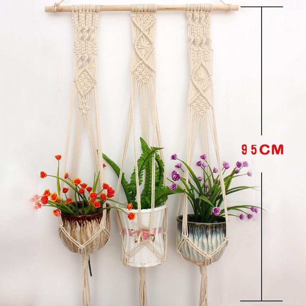Macrame hængende plante kurv væg plante bøjle hængende plante potteholdere håndstrik hængende planter træpind kurv væg kunst