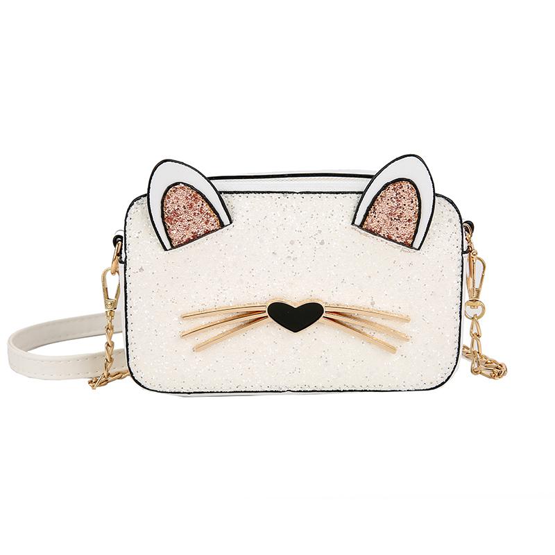 Trend kvinnliga väskor pu läder axelväska dam katt mönster kvinnlig messenger bag små handväskor: Vit