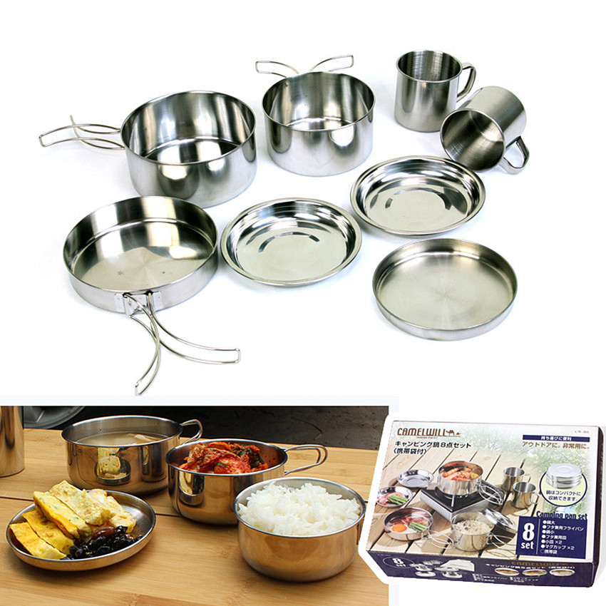 8Pcs Stainless Steel Outdoor Picnic Pot Pan Kit Plate Bowl Cup Pan Cover Cooking Set Camping Hiking Backpacking Cookware