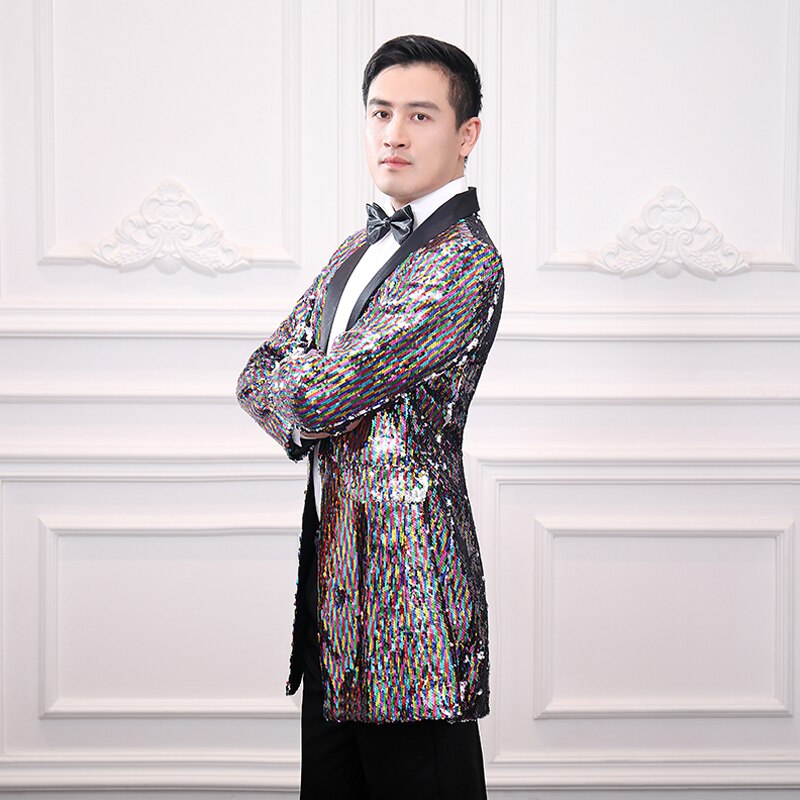 Men's Casual Jacket Trendy Long Colorful Sequins Color-changing Buttonless Shawl Collar Windbreaker Club Party Clothing