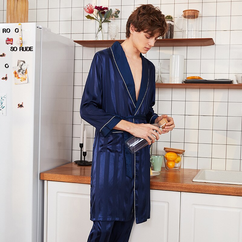 Real Mens Luxury Bathrobe Geometric Robes V-Neck Lmitation Silk Knitted Sleepwear Full Sleeve Nightwear Pants XXXL