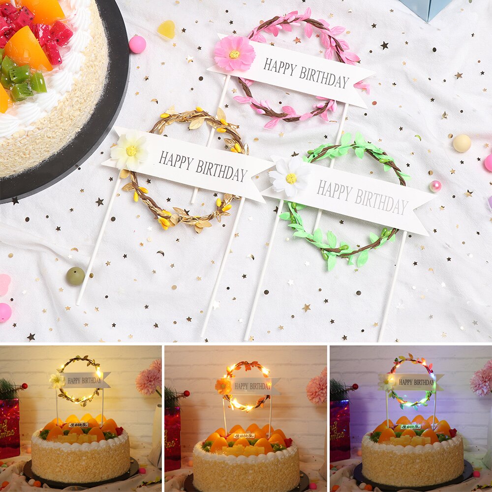 LED Cake Topper Glowing Artificial Garland Cake Topper For Happy Birthday Party Cake Decoration Flower Daisy Year