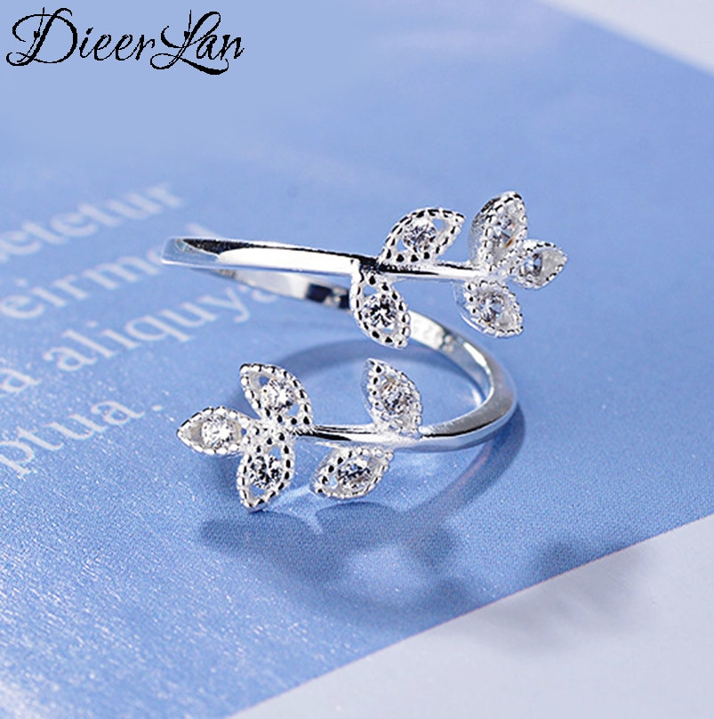 Novo 925 sterling silver crystal leaf anéis para as mulheres tamanho ajustável dedo anéis meninas festa de casamento jóias