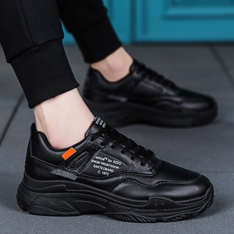 Dikke Zool Lederen Sneakers Mannen Zwart Beige Wit Sneakers Street Heren Schoenen Lederen Schoenen Man Casual Schoenen: Black / 8.5