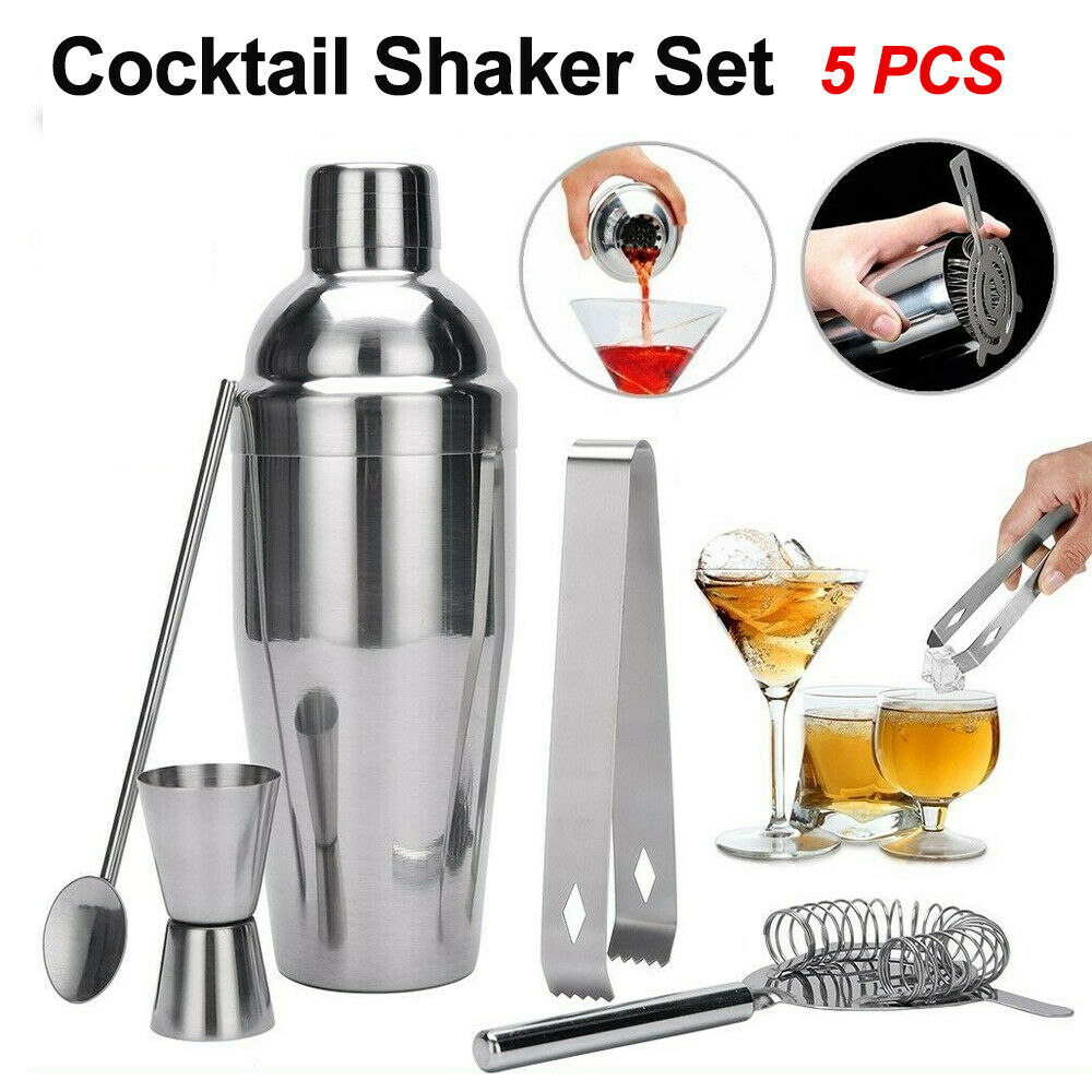 5pcs 750ml Cocktail Shaker Tool Set Stainless Steel Shaker Strainer Measuring Cup Spoon Ice Tongs Mixed Drink Bar Tools Kit