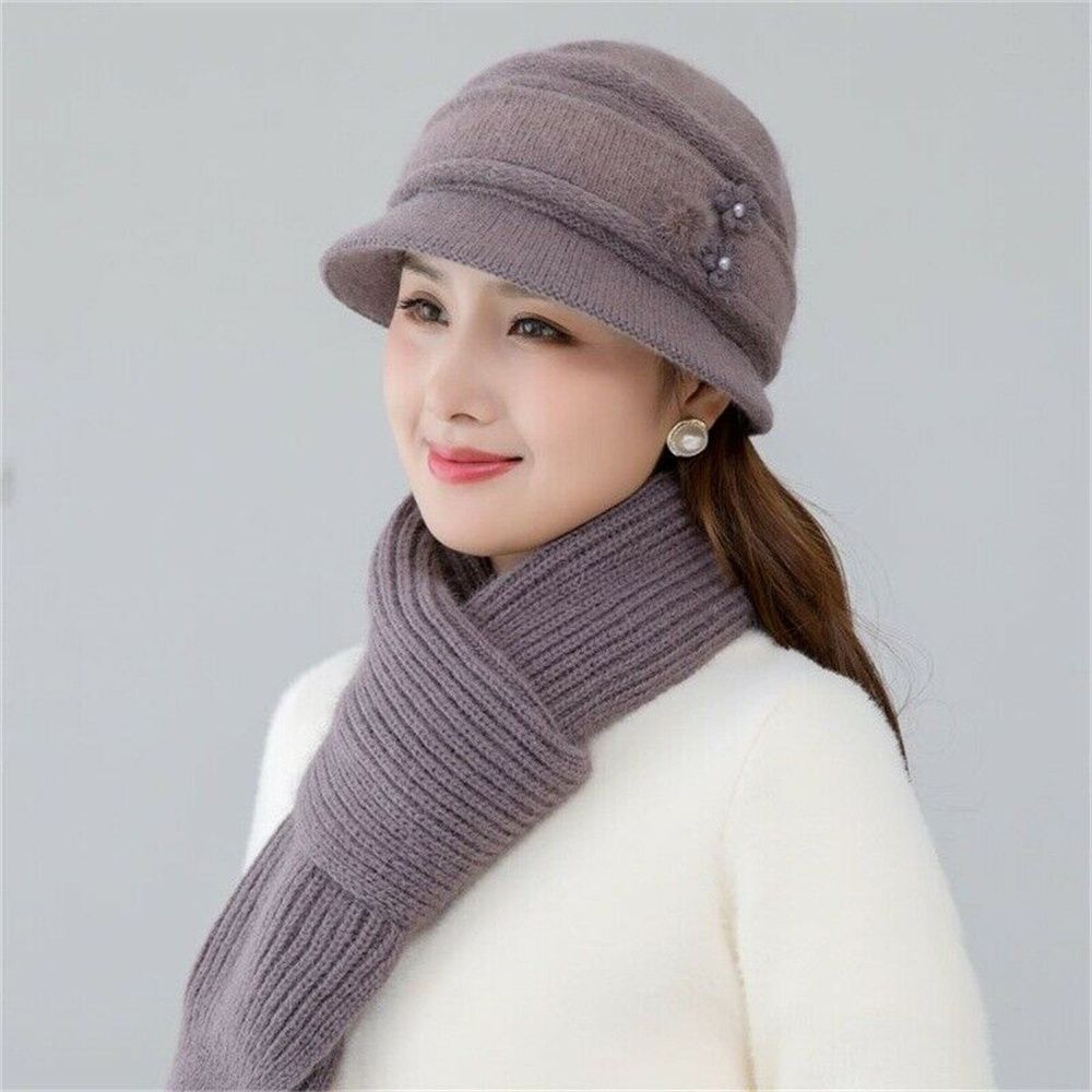 2/3pcs/Set Ladies Warm Thick Women Hat Scarf Set Knitted Beanies Caps Winter Hats Knitted Gloves Winter Hats: khaki-3pcs