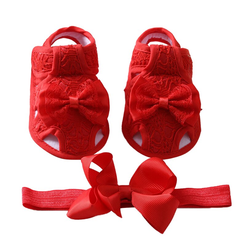 Zomer Baby Meisje Strik Hollow Sandalen Peuter Soft Sole Wandelschoenen Hoofdband Set: R / 0-6 months