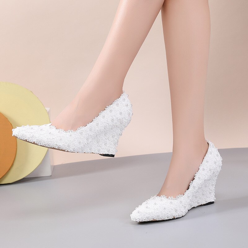 Dress Women Pumps Wedges High Heels Party Shoes Women Nightclub Lace Slip On 8CM Pointed Toe Office &amp; Career Wedding Flower