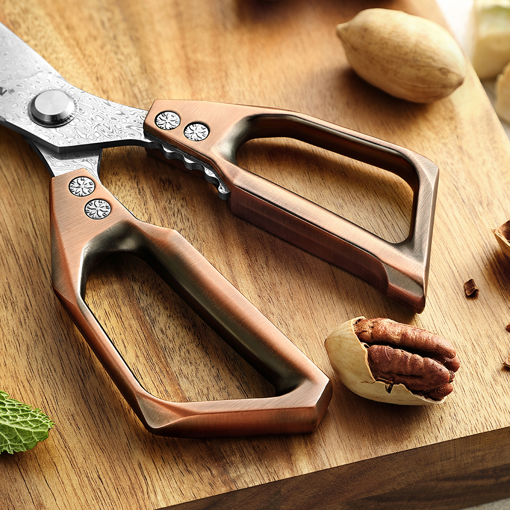 HEZHEN-Tijeras de cocina de acero damasco, 110 capas, tijeras para nueces, raspar escamas de pescado, herramientas multifuncionales para tijeras de cocina