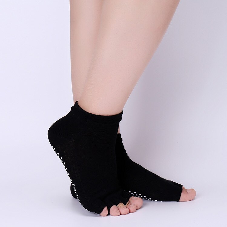 Calcetines de Yoga antideslizantes profesionales para mujer, medias de cinco dedos, de algodón puro, antideslizantes, cálidos, para Otoño e Invierno: half toe-black