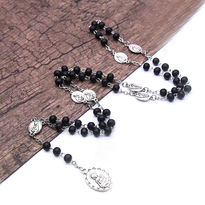 QIGO Seven Icon nero perline di legno Stand rosario collana religioso prega gioielli regali per uomo donna