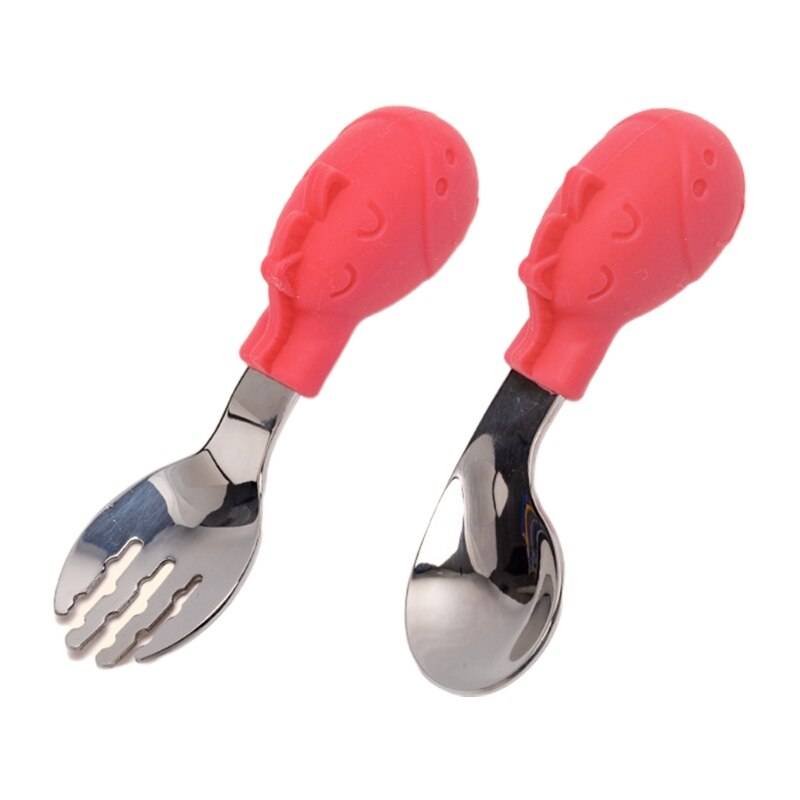 2 piezas de utensilios de acero inoxidable, conjunto de cubiertos, tenedor y cuchara para niños pequeños: Red zebra