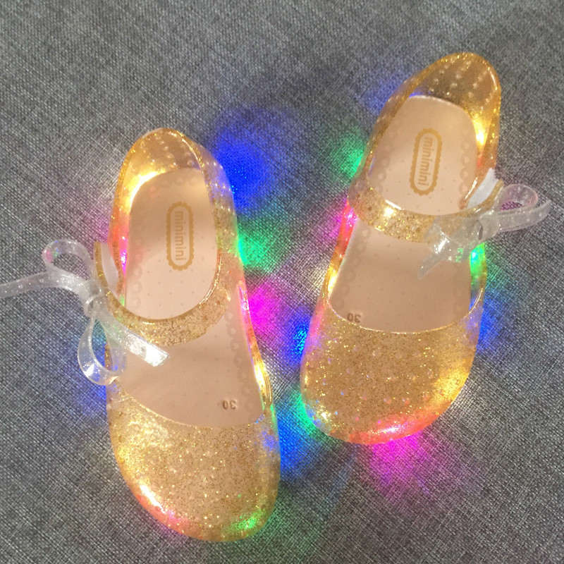 neue LED licht blinkende bogen Stützpfeiler kühlen hausschuhe fisch kopf mund kopf gelee mädchen duftenden prinzessin sandalen: Gold / 9