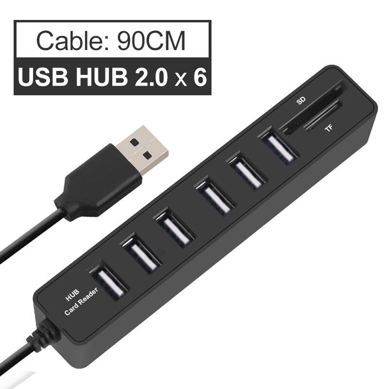 Hub multi USB 3.0/2.0 haute vitesse, 3/6 ports et lecteur de carte SD/TF, adaptateur tout-en-un, accessoires pour ordinateur: Black 6 Ports 2.0