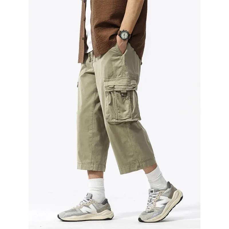 Pantalones Cargo con múltiples bolsillos, pantalones Capris rectos de algodón lavado, ropa de trabajo con cintura elástica, pantalones holgados, pantalones de verano hasta la pantorrilla para hombre
