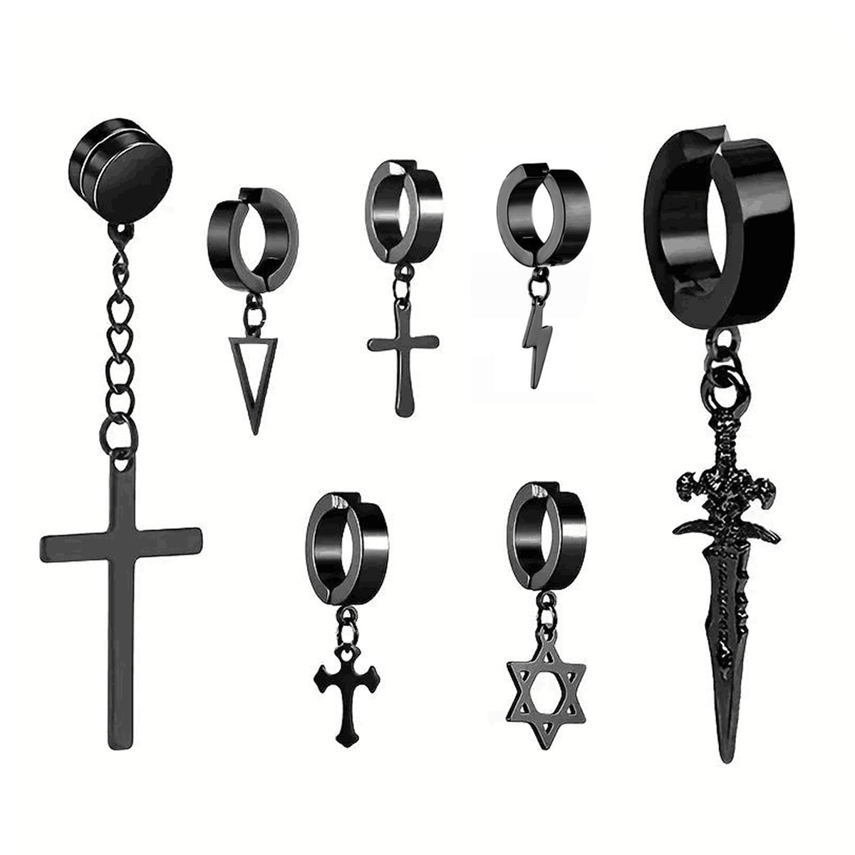 Conjuntos de aretes falsos con imán de acero inoxidable para hombre, conjunto de estrella relámpago cruzado punk, 2-7 Uds.