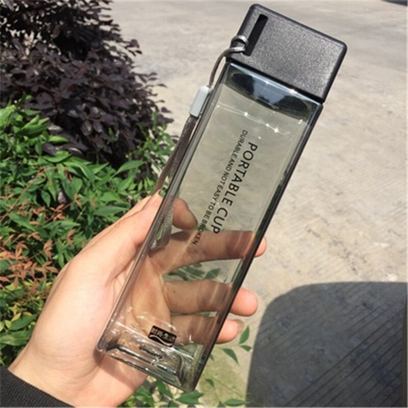 Square Frosted Plastic Water Bottle Portable Transparent Bottle Fruit Juice Leak-proof Outdoor Sport Travel Camping Bottle: black