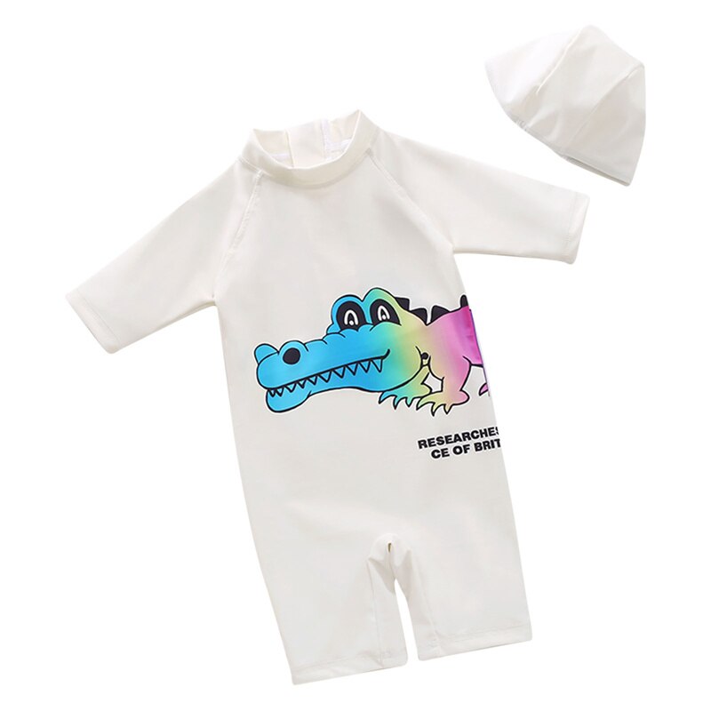 Conjunto de Bañador con estampado de dibujos animados para niño, Mono para jugar con cremallera y gorro, traje de dos piezas para vacaciones, playa, 2-7 años