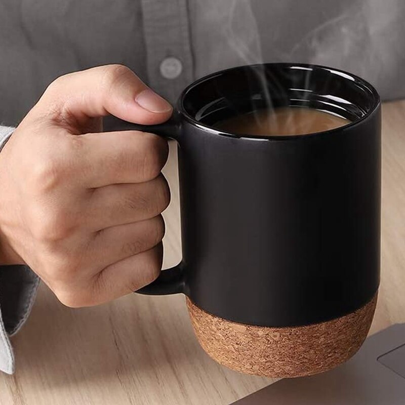 Coffee Cup, 15 Oz Ceramic Mug with Insulated Cork Bottom and Splash Cover, Large Cup with Handle, Black