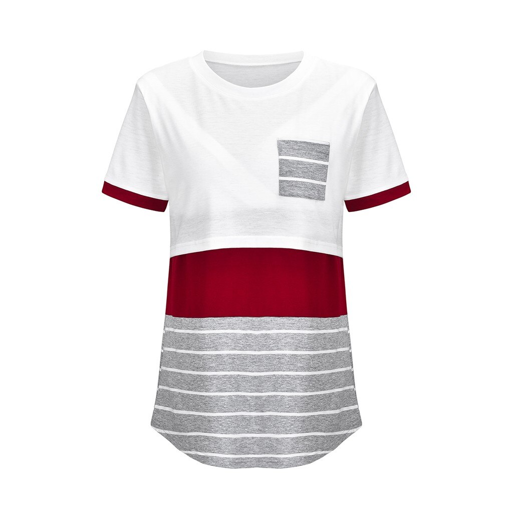 Graviditetstøj til kvinder amningstøj ammende kortærmet skjorte barsel toppe bluse hvid rød grå stribet